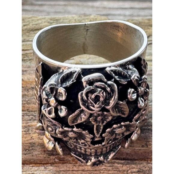 Sterling Silver 925 Día de los Muertos Sugar Skull Ring JJ Size 9 1/2 19.83g - Picture 3 of 14